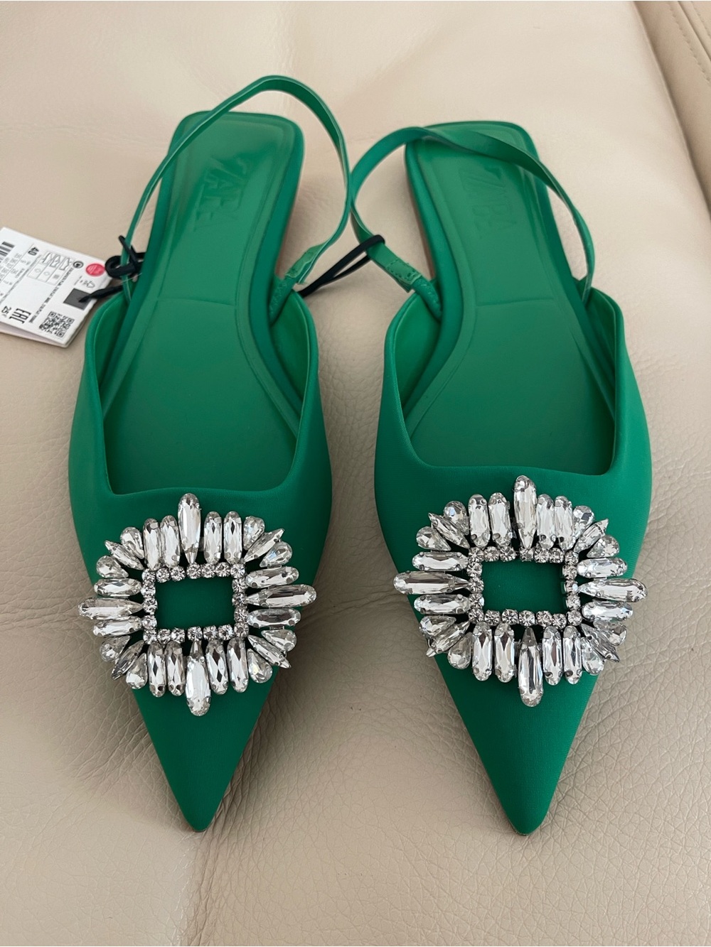 Zara Emerald Green Crystal-Embellished Pointed Slingback Flats
